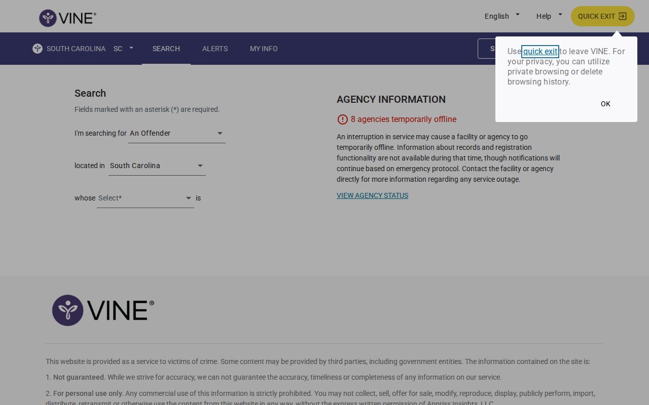 South Carolina VINELink release check screen for Edgefield County
